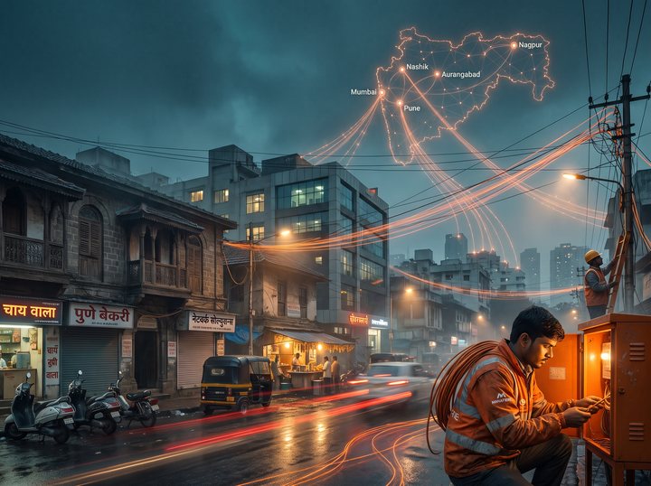 A Gazon engineer working on a street-side fiber cabinet at dusk