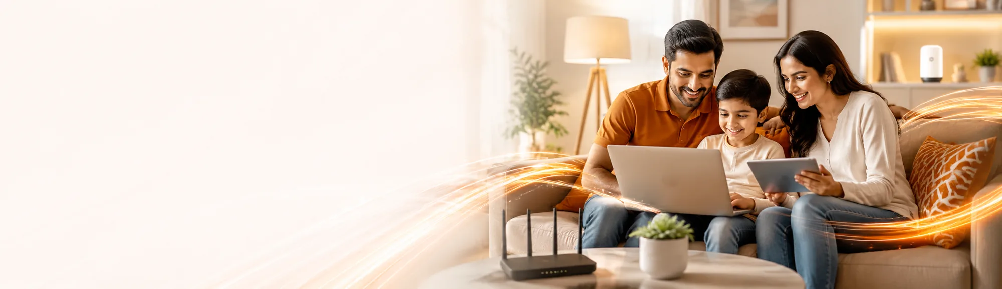 A family at home together on the sofa with a laptop and tablet, the Gazon router on the table beside them