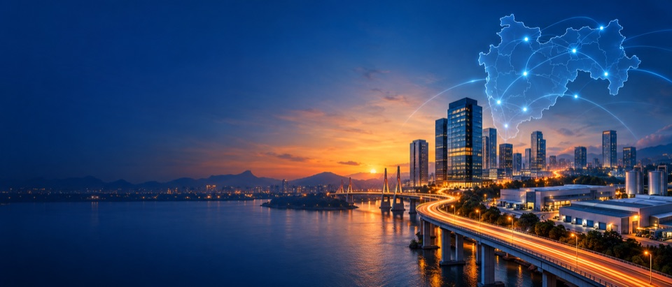 Dusk over a river crossing, a lit city skyline and an industrial estate, with a glowing map of Maharashtra and its links above