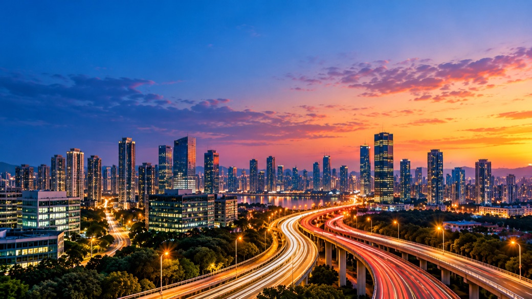 A city skyline at dusk with expressway light trails running through it