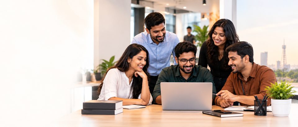 Five Gazon colleagues around a laptop in the Wakad office