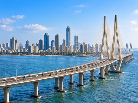 The Bandra–Worli Sea Link with the Mumbai skyline behind it