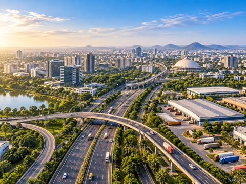 Flyovers, a lake, office blocks and logistics warehouses from the air at sunrise