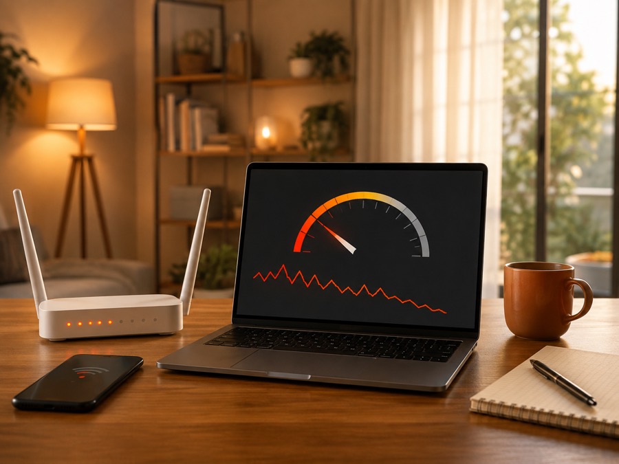 A laptop showing an internet speed dial next to a home fiber router