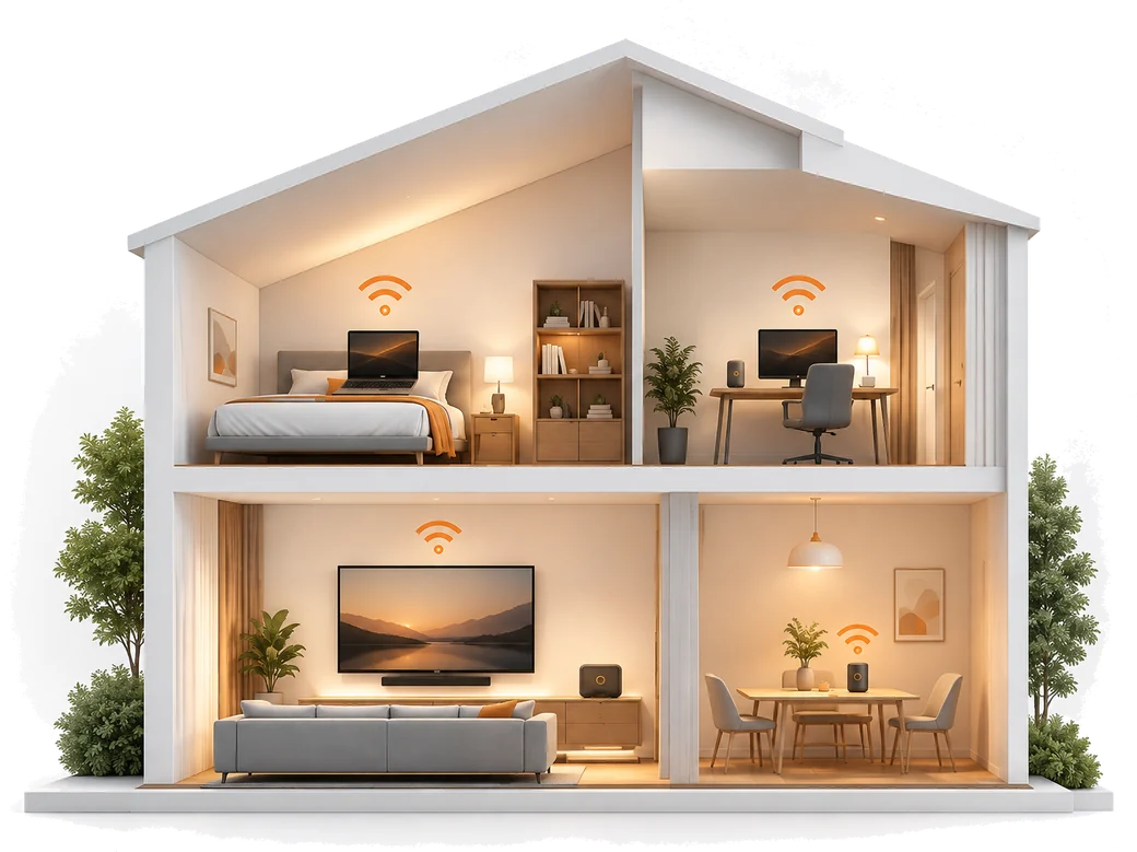 Cutaway of a two-storey home with Wi-Fi reaching every room: a laptop in the bedroom, a desktop in the study, a television in the living room and a speaker in the dining room.