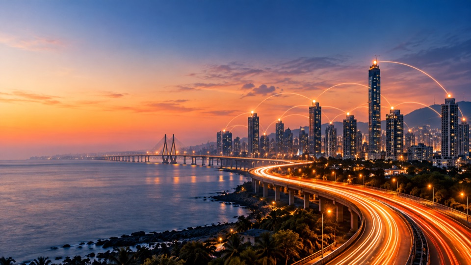 Dusk over a Maharashtra coastline: a lit city skyline, a cable bridge and an expressway, with light arcs linking the towers
