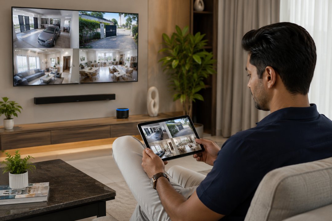 A man viewing home CCTV feeds on a TV and tablet