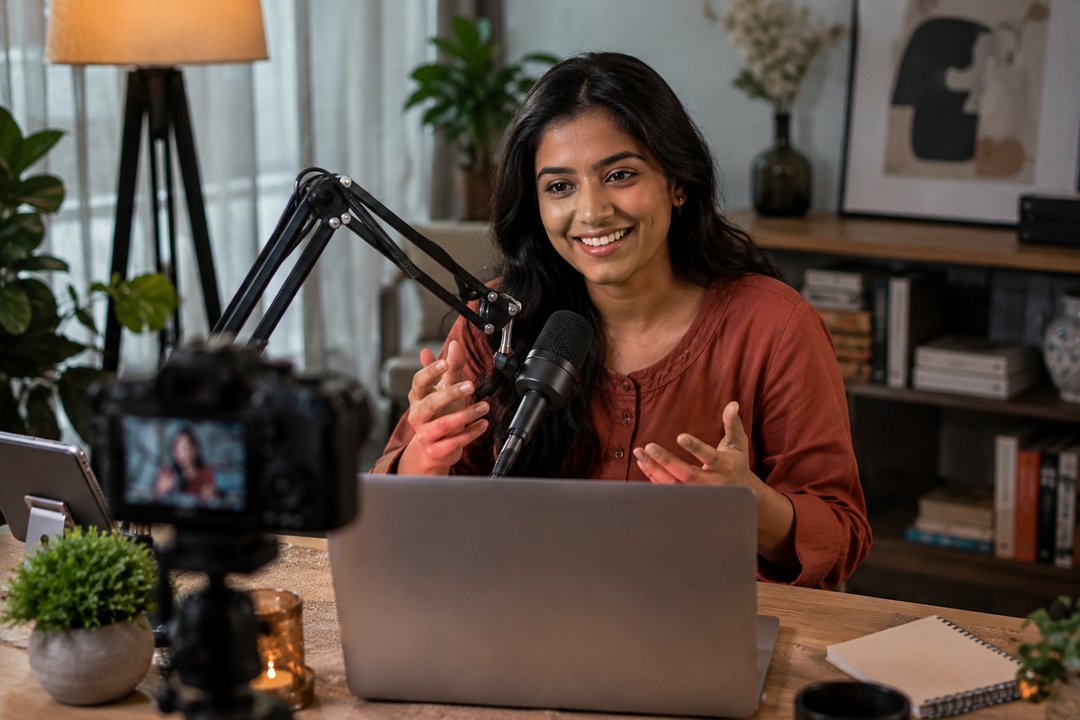A creator recording with a microphone and camera