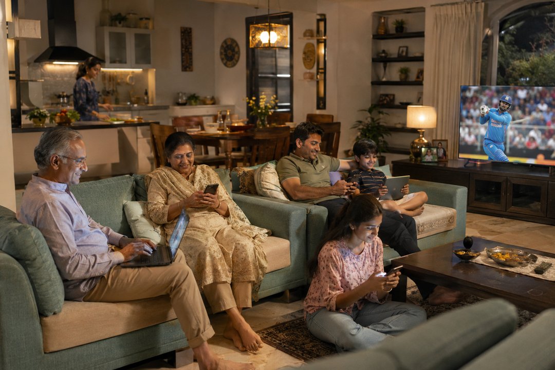 A family using several devices in one room
