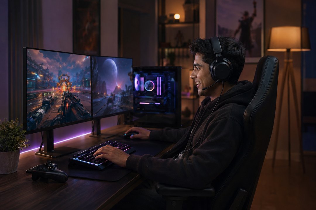 A gamer playing online at a dual-monitor PC setup