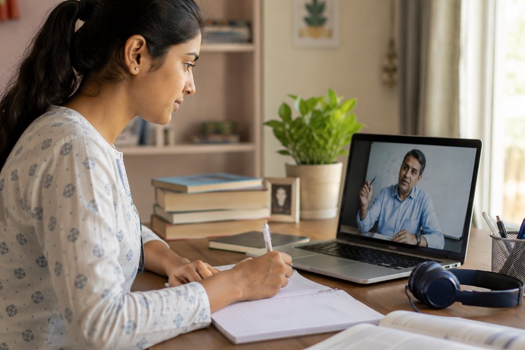 A student taking notes during an online class