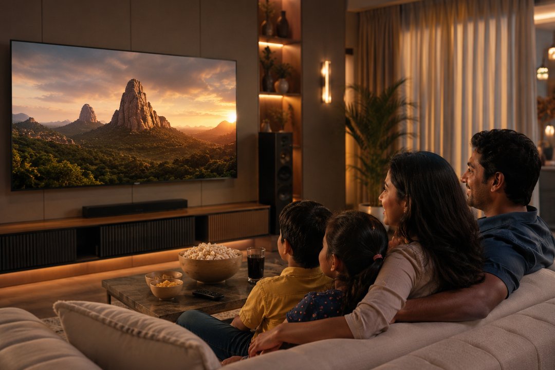 A family watching a film together on a large TV
