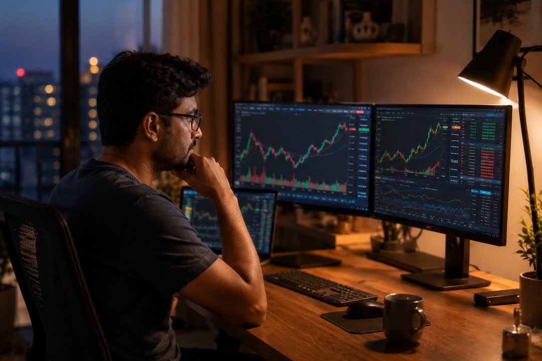 A trader watching candlestick charts on dual monitors at night
