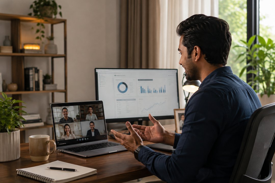 Someone on a video call at a home desk