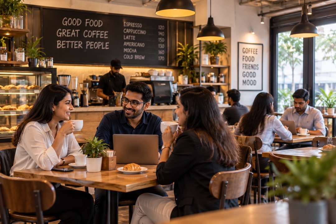 Customers with laptops and coffee at tables in a busy café