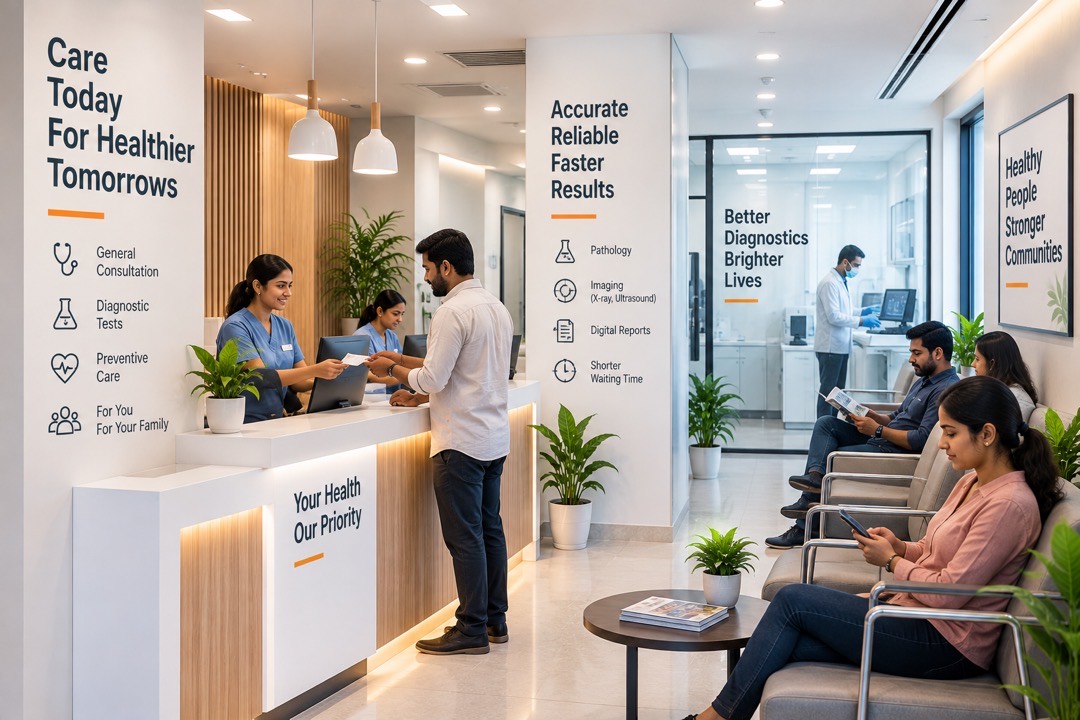 A patient at a clinic reception desk, with a waiting area and a diagnostics lab behind glass
