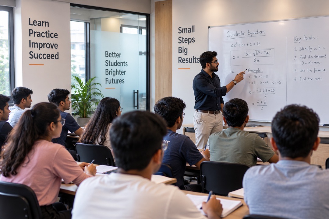 A tutor at a whiteboard in front of a full classroom of students