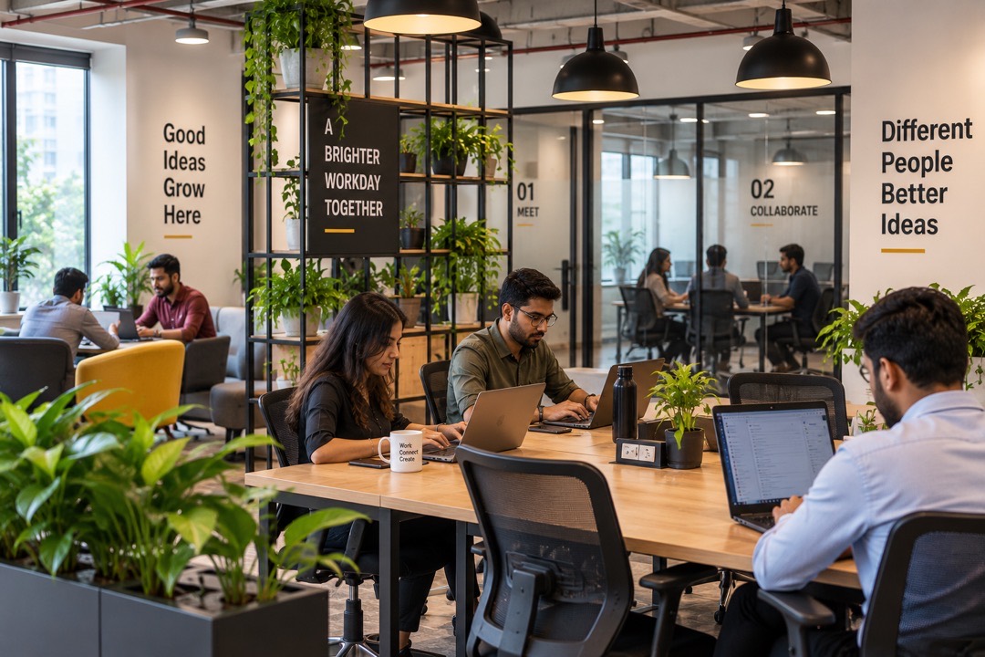 People working on laptops at shared desks in a coworking space, with a glass meeting room behind