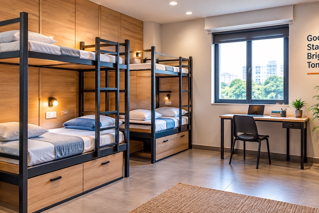 A hostel room with bunk beds, storage drawers and a study desk by the window