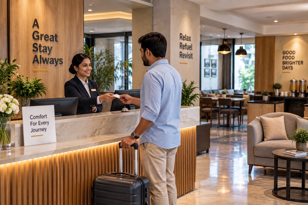 A receptionist checking in a guest with a suitcase at a hotel front desk