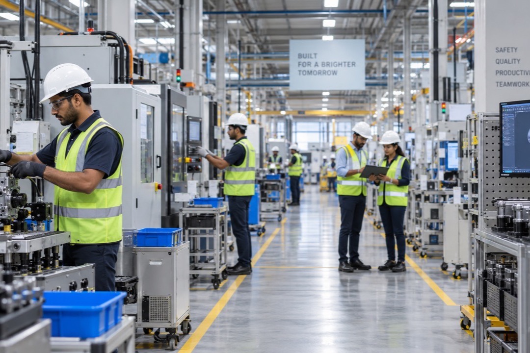Engineers in high-visibility vests at machines on a factory assembly floor