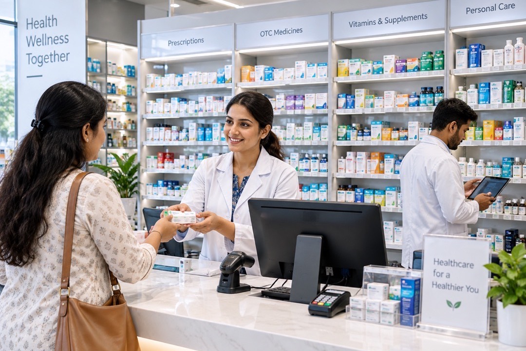 A pharmacist handing a customer a box of medicine across the counter, stocked shelves behind