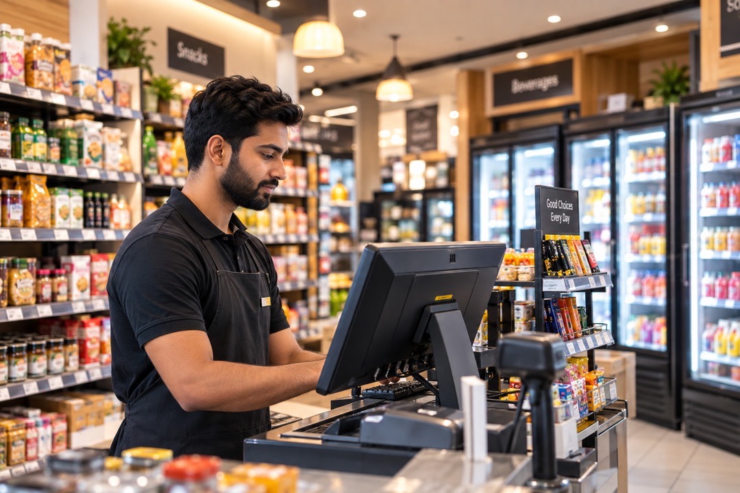 A shop assistant at a POS terminal in a convenience store