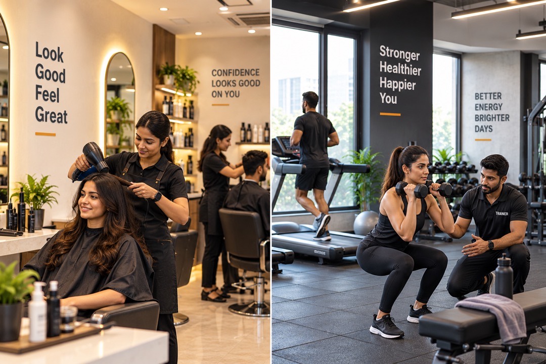 A stylist drying a client’s hair in a salon, and a trainer coaching a squat in a gym