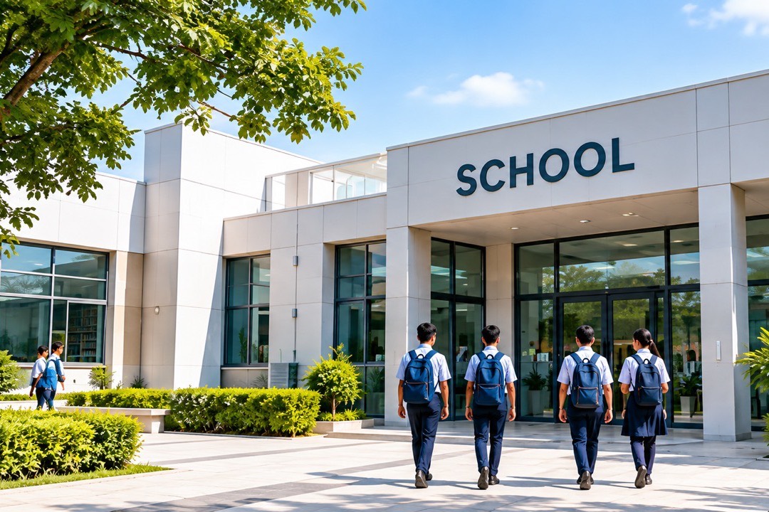 Pupils walking towards the entrance of a modern school building