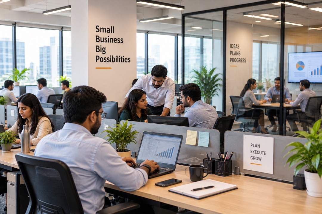 A team at desks in an open-plan office, with a meeting room and a dashboard on screen behind