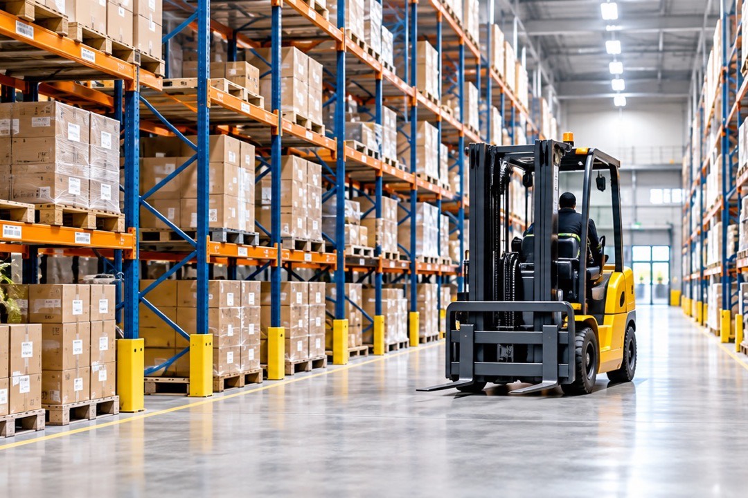 A forklift in the aisle of a warehouse stacked with palleted goods