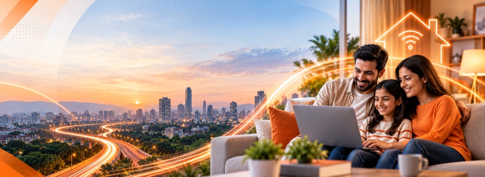 A family watching a laptop together on the sofa at home, a lit city skyline and expressway behind them